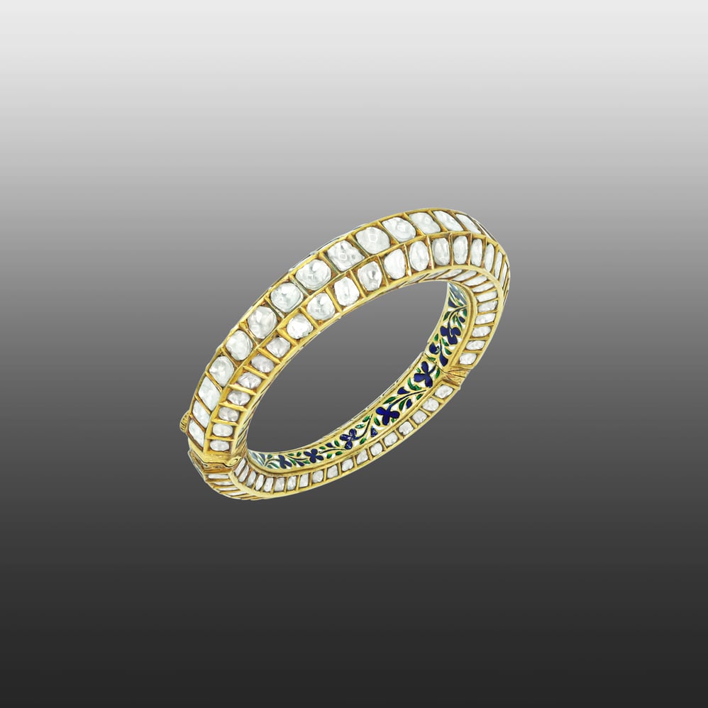 Triple-Row Polki Bangle with Blue Floral Enamel Detail